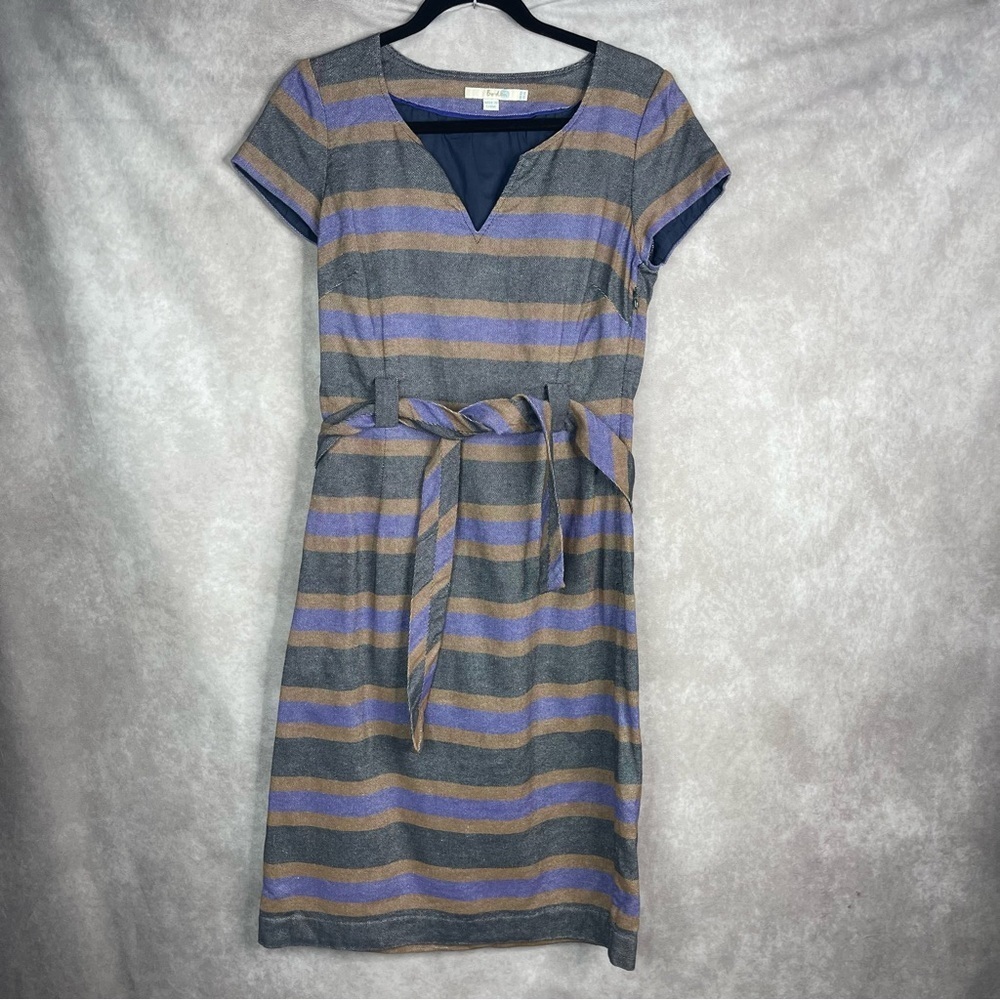 Boden Notch Linen Blend Textured Striped Shift Dress‎ In Multi Women's Sz 6 Long